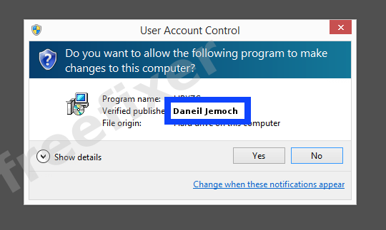 Screenshot where Daneil Jemoch appears as the verified publisher in the UAC dialog